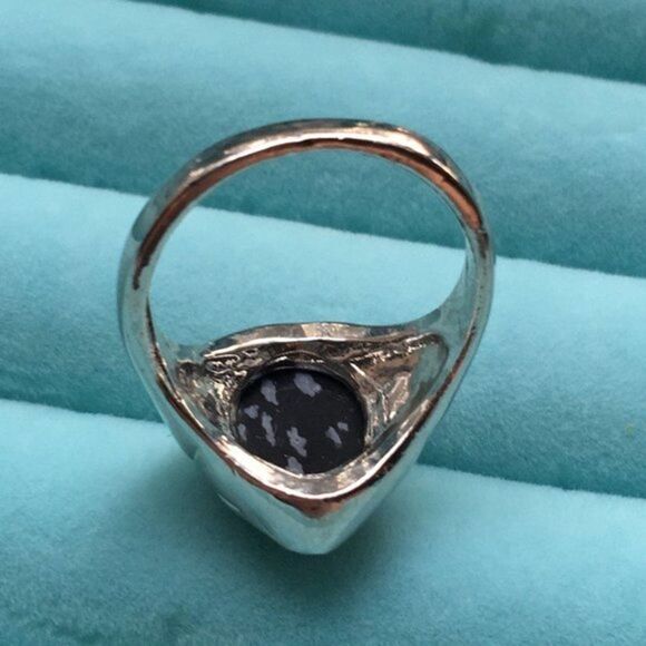 Snowflake Obsidian Ring Size 7.75 Silver Tone Black Cabochon Oval Stone - Picture 7 of 8